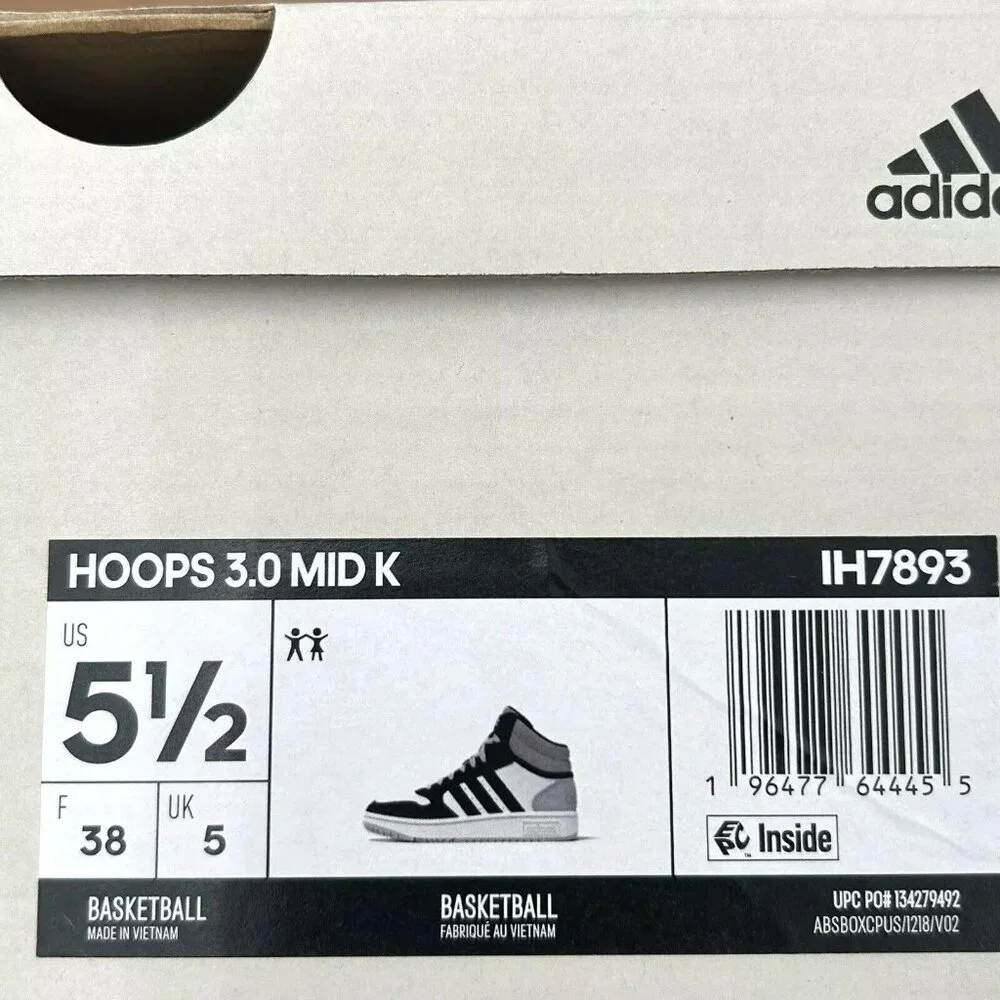 Adidas Hoops 3.0 Mid Top Youth Boys/Girls Basketball Sneaker Sz 5.5‎ Black/White
